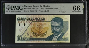 MEXICO 10 NUEVOS PESOS 1992 1994 P99 PMG 66 GEM UNC EPQ ZAPATA Z PREFIX SERIES M - Picture 1 of 4