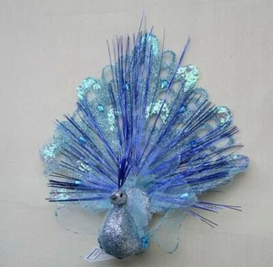 Pair New 19cm Peacocks Clip On Christmas Decoration Birds Blue - Picture 1 of 2