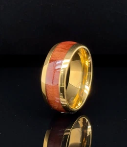 9mm Gold Titanium Christmas Gift Men Band Polished Red Wood Inlay Unisex Ring - Picture 1 of 4