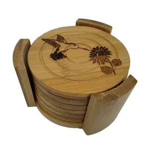 6 posavasos de bambú grabados con láser para colibríes y flores con soporte - Imagen 1 de 5