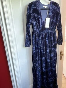 BNWT Little White Lies Elise Navy Velvet Brocade Cirlcle Maxi V Neck Dress S - Picture 1 of 8