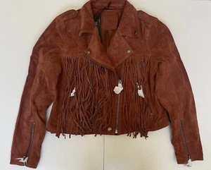 BlankNYC Red Orange Fringe Leather Moto Jacket Size M - Picture 1 of 8