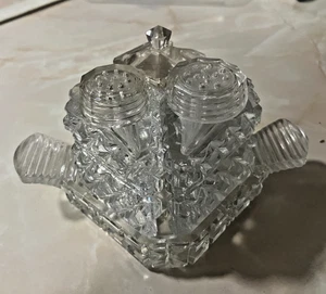 Vintage 4 Piece  Cut Glass Cruet Tray-Mustard-Salt & Pepper (22) - Picture 1 of 7