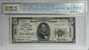 1929 NY,NY $5 The Chase National Bank of the City of NY,NY # 2370 PCGS 63 PPQ - Picture 1 of 4