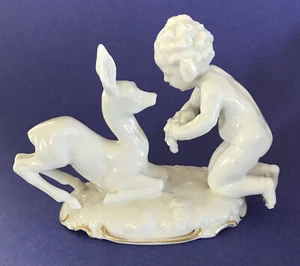 FIGURINA HUTSCHENREUTHER Art Deco TUTTER PUTTO ANGELO bambino nudo piccolo RAGAZZO CERBIATTO - Foto 1 di 7