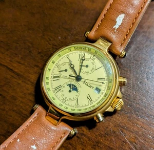 stauer gold brown leather strap automatic clean face watch analog damaged band - Picture 1 of 14