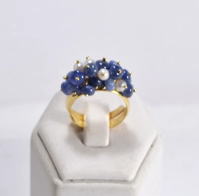 ANELLI ARGENTO 925 DORATO ZAFFIRI E PERLE  NATURALI  REGOLABILE        AGNK 095 - Immagine 1 di 3