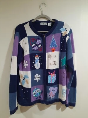 Suéter De Colección Diseño BP Talla M Azul Púrpura Navidad Cárdigan Invierno Muñeco de Nieve Cremallera Foto 1 de 4