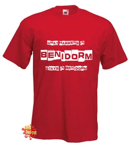 WHAT HAPPENS IN BENIDORM stag night hen party holiday T shirt vest All Sizes - Picture 1 of 7