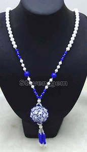 Blue 40mm Flower Pendant Sweater Necklace for Women 26" Lady's Charm Jewelry - Picture 1 of 4
