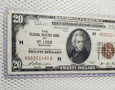 1929 $20 National Currency Brown Seal Note FRB of St. Louis, Missouri Nice Note - Image 1 of 4