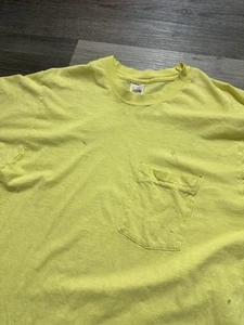 Vintage 80s Yellow Blank Selvedge Pocket T-Shirt Distressed Faded Grunge Size XL - Picture 1 of 7