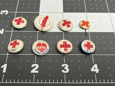VTG Antique Red Cross Button Pin Lot Of 8, 1917-1940s Give Blood, Red Feather - Image 1 of 4
