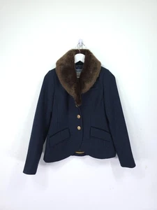 Giacca Joules taglia 10 blu navy tweed sfilata pelliccia sintetica colletto blazer spina di pesce - Foto 1 di 12