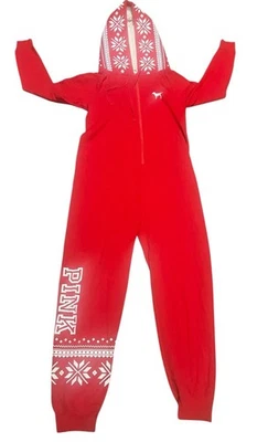 Victoria’s Secret PINK Fair Isle Hooded One Piece Pajama Jumpsuit Red Small - Image 1 of 4