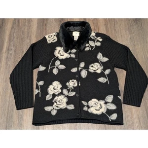 Susan Bristol Black Floral Rose Cardigan Sweater Faux Fur Collar Womens Size L - Picture 1 of 4