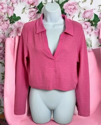 Разделенный H & M розовый воротник ребристый верхний размер большой длинным рукавом укороченный блузка кокетка - Изображение 1 из 4