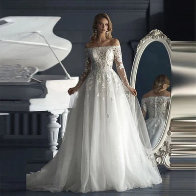 Elegant A-Line Wedding Dresses Boat Neck Long Sleeves Lace Applique Bridal Gowns - Image 1 of 4