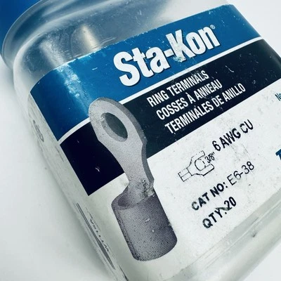 Pack of 20 Thomas & Betts E638 Ring Terminal, Non-Insulated, 6 AWG, Stud: 3/8" - Image 1 of 3