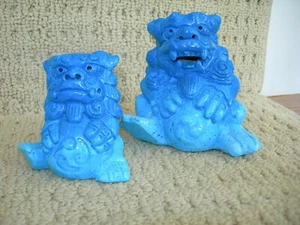 Decorative Pair of Gradient-Teal Blue Glazed Chinese Foo Dogs Sitting W/ Balls  - Picture 1 of 9