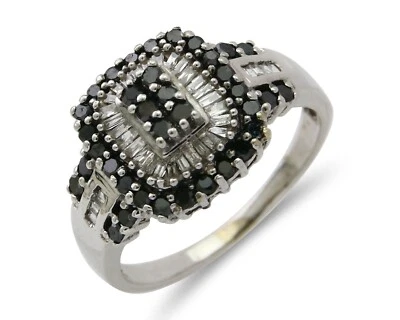 Women Natural Black & White Diamond Cluster Halo Ring 10k Solid White Gold - Image 1 of 4