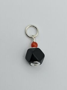 Genuine Azabache (6mm) with Coral Sterling Silver Pendant, New