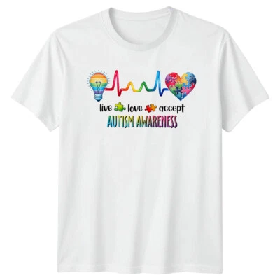 Autism Awareness T-Shirt Live Love Accept Rainbow Heartbeat Support - Image 1 of 4
