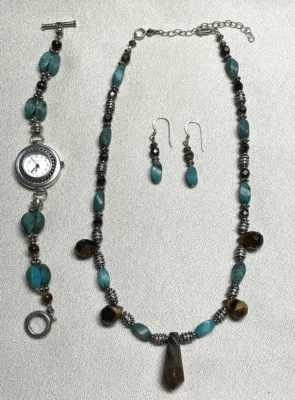 Juego de relojes Geneva collar y pendientes a juego de ley, turquesa, ojo de tigre Foto 1 de 4