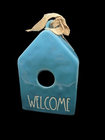 Rae Dunn Teal Blue WELCOME Birdhouse NWT 8" Tall Ocean Beach House Cabin Cover
