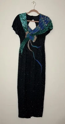 Vestido de seda vintage Alyce Designs preto, verde e azul miçangas/lantejoulas tamanho 2/4 - Imagem 1 de 4