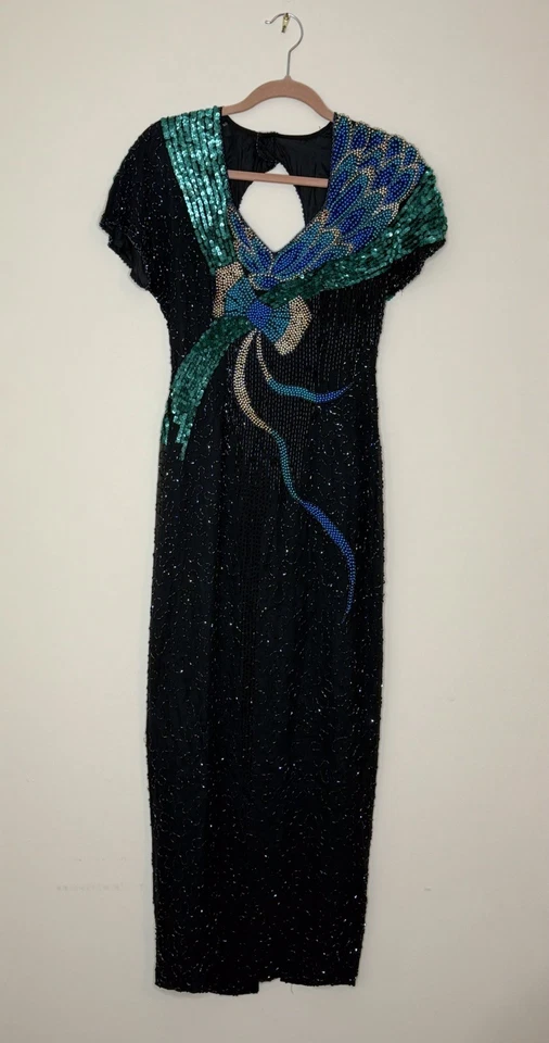 Vestido de seda vintage Alyce Designs negro, verde y azul cuentas/lentejuelas talla 2/4 Foto 1 de 4