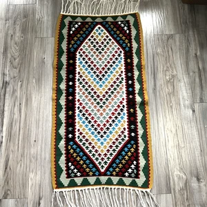 Vintage Middle East Handwoven Wool Kilim Rug 44x23 Geometric Tribal Prayer Mat - Picture 1 of 12