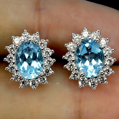 Pendientes de plata de ley 925 ovalados topacio azul suizo 7x5 mm joyas de piedras preciosas Foto 1 de 4