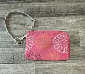 Thirty One Pixie rosa Medaillon weiß orange Blumen umlaufender Reißverschluss Geldbörse Kalbsleder - Bild 1 von 9