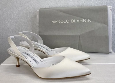 Manolo Blahnik Carolyne Bride Slingback Pumps Women's Size 8.5 Satin White Heels - Image 1 of 4