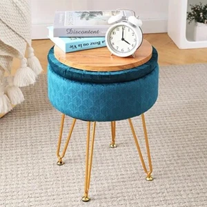 Blue Round Storage Ottoman Foot Stool with Faux Velvet Exterior Hairpin Legs - Picture 1 of 6
