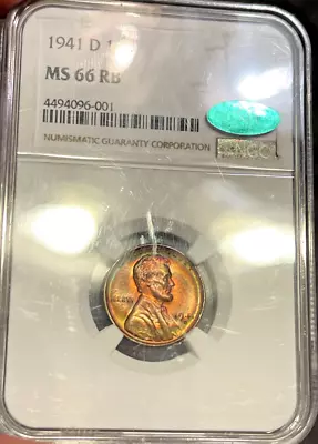 1941 D 1c Lincoln Wheat Penny NGC MS66 RB - Toned! - Image 1 of 4