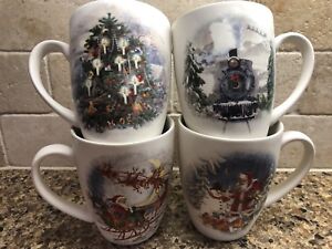 Pottery Barn NOSTALGIC CHRISTMAS Mugs Cup Santa Train Tree Holiday SET 4 New