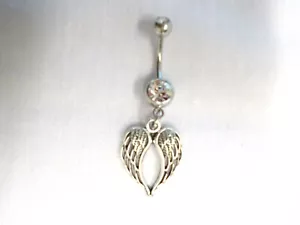 ANGEL WINGS HEART SHAPE SILVER ALLOY CHARM ON 14G CLEAR CZ BELLY RING BARBELL - Picture 1 of 1