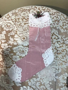 Handmade 15” Pink Vintage Victorian Christmas Stocking W/ White Battenburg Lace - Picture 1 of 4