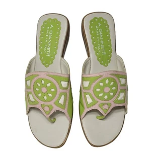 A. Giannetti Sandals SZ 8 B Leather Italy Pink Green White Geometric Preppy RD - Picture 1 of 16