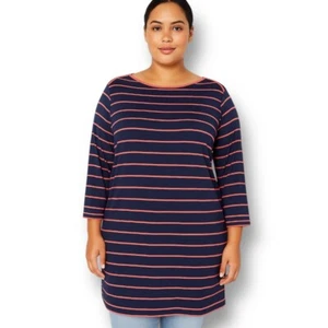 L.L. Bean Plus 1X Navy Orange Striped Supima Cotton Boat Neck Top Preppy Casual - Imagen 1 de 10