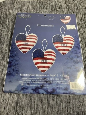 Patriotic Heart Ornaments Set Of 3 Counted Cross Stitch New SZ 3 1/4” X 3 1/2”  - Image 1 of 4