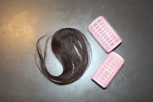 Clip In Bangs with 2 Rollers Dark Brown Hair Fringe Extension Styling Set - Picture 1 of 4