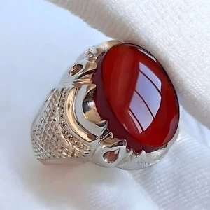 Anello con pietre preziose Yameni Aqeeq marrone, argento sterling 925, anello in argento agata per uomo - Foto 1 di 4