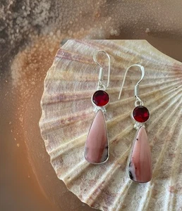 Peruvian Pink opal & Garnet Handcrafted Earrings- 925 Silver Plated-New - Picture 1 of 3