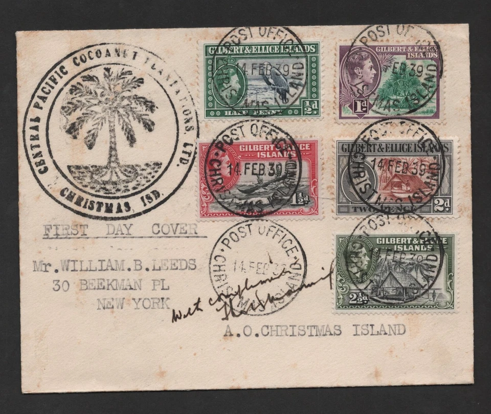 ISLA DE NAVIDAD 1939 OFICINA DE CORREOS CUBIERTA DE APERTURA PLANTACIONES DE COCO LTD Foto 1 de 2