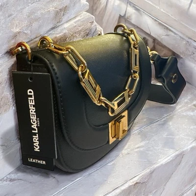 Karl Lagerfeld Paris Black Leather Crossbody Bag Gold Chain Handle NWT MSRP $348 - Image 1 of 4