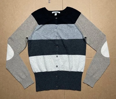 Cárdigan suéter a rayas 100 % cachemir parche en el codo otoño cachemir para mujer M Foto 1 de 4