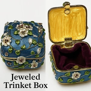 Schmuck blau Emaille Blumen Schmuckschatulle Strass Schmuck aufklappbar Samteinsatz - Bild 1 von 6